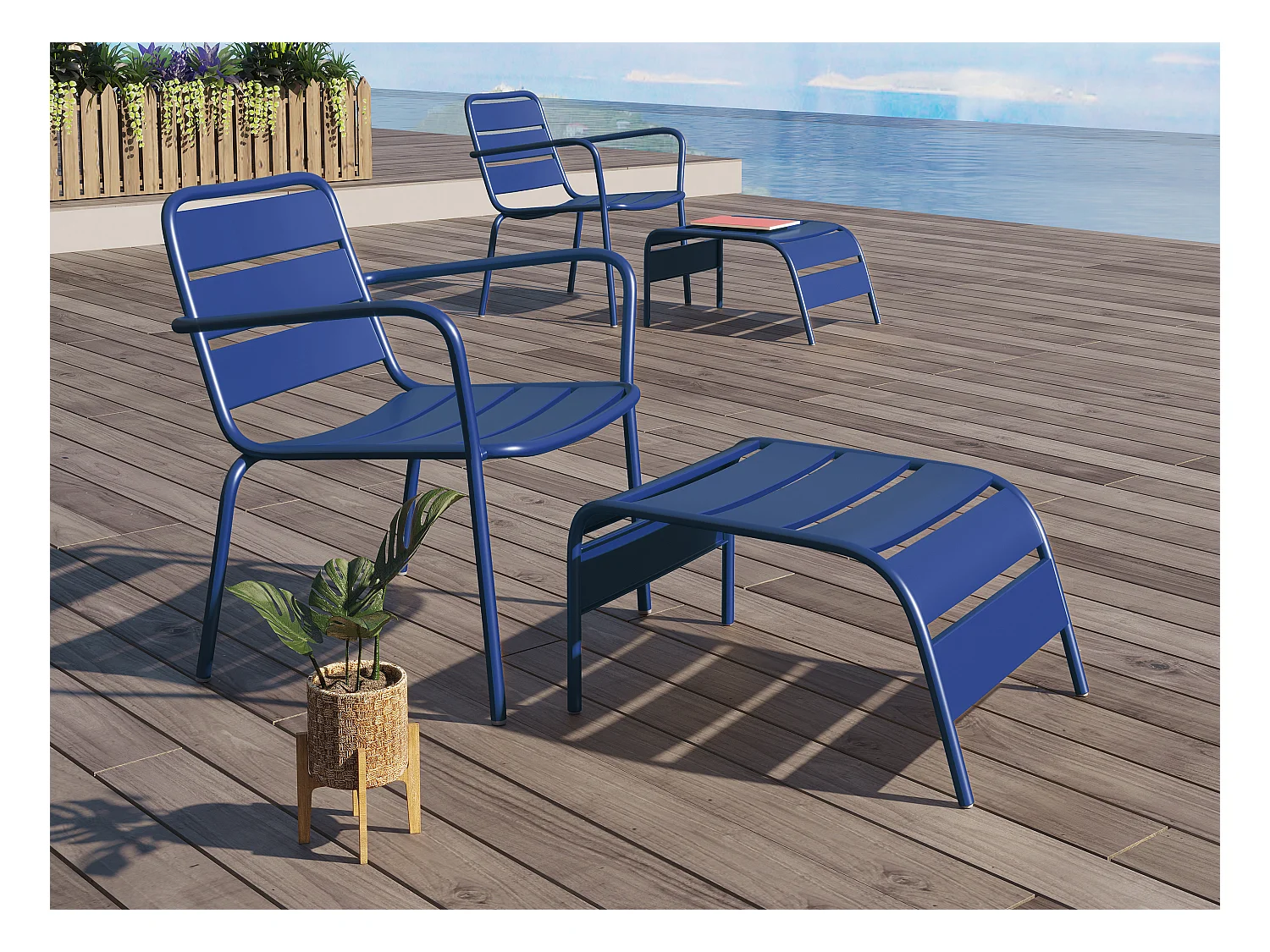 Gartensessel stapelbar + Fußbank - Metall - Dunkelblau - MIRMANDE von MYLIA