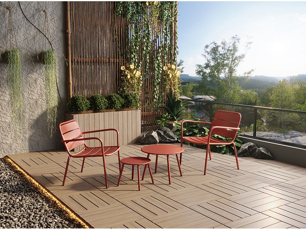 Salon de jardin en métal : 2 fauteuils bas empilables et tables