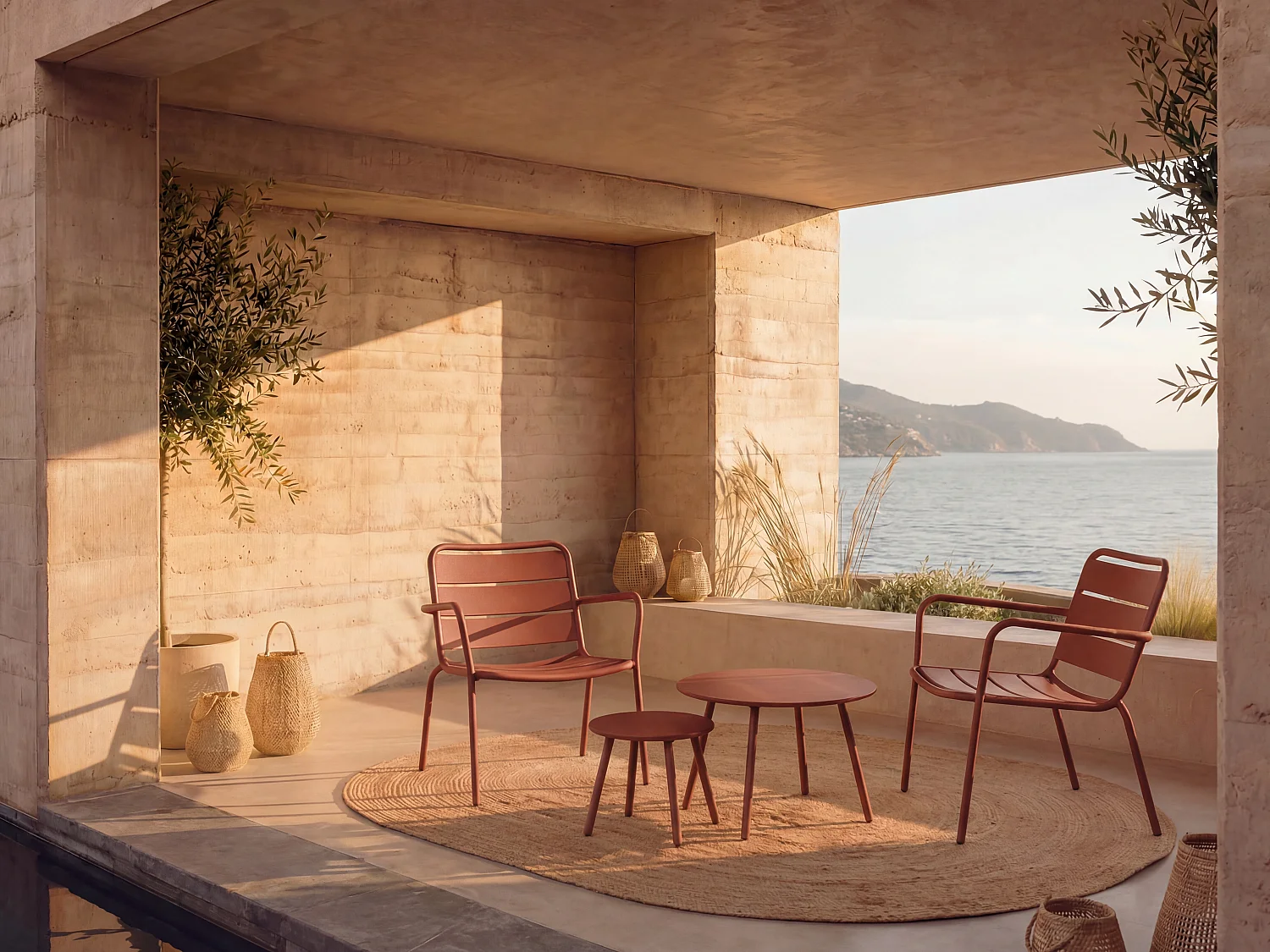 Metal garden furniture set - 2 stackable low armchairs and nesting tables - Terracotta - MIRMANDE by MYLIA