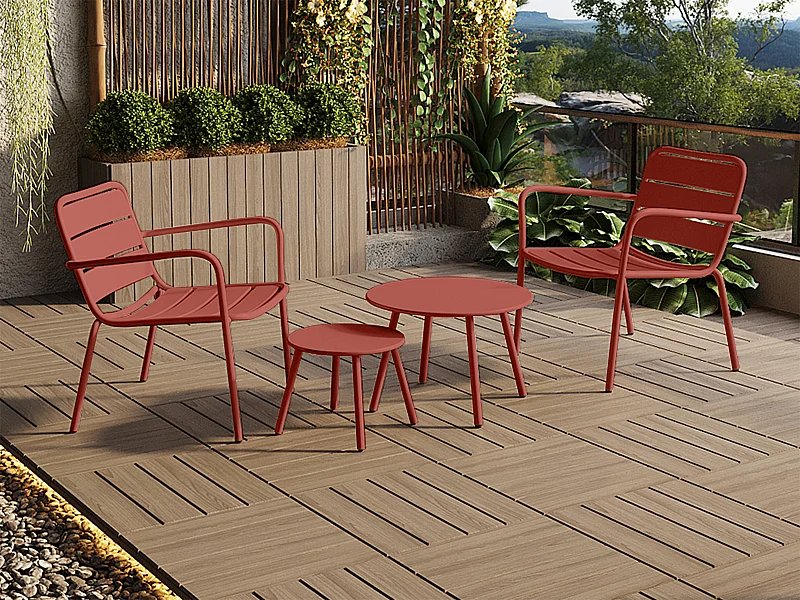 Tuinzithoek van metaal - 2 lage opstapelbare fauteuils en uitschuiftafels - Terracotta - MIRMANDE