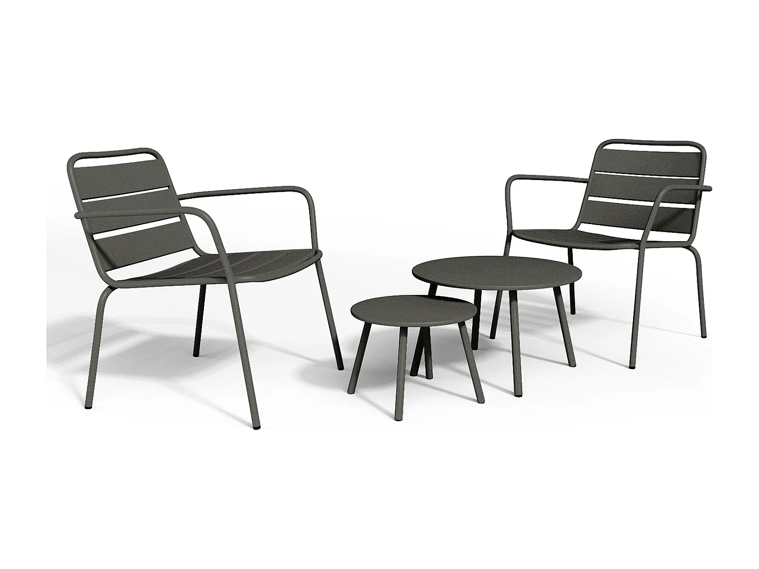 Salon de jardin en métal - 2 fauteuils bas empilables et tables gigognes - Gris anthracite - MIRMANDE de MYLIA