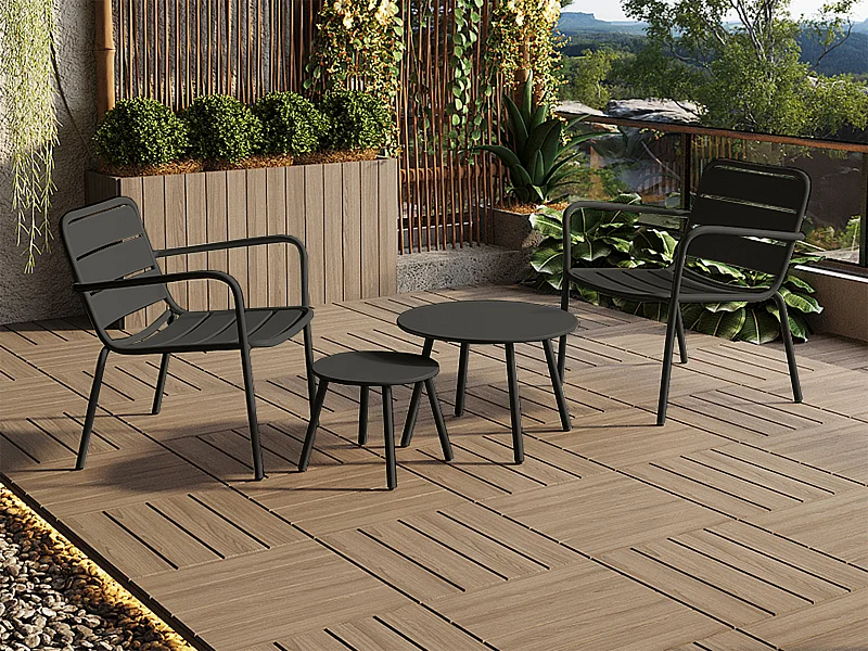 Salon de jardin en métal - 2 fauteuils bas empilables et tables gigognes - Gris anthracite - MIRMANDE de MYLIA