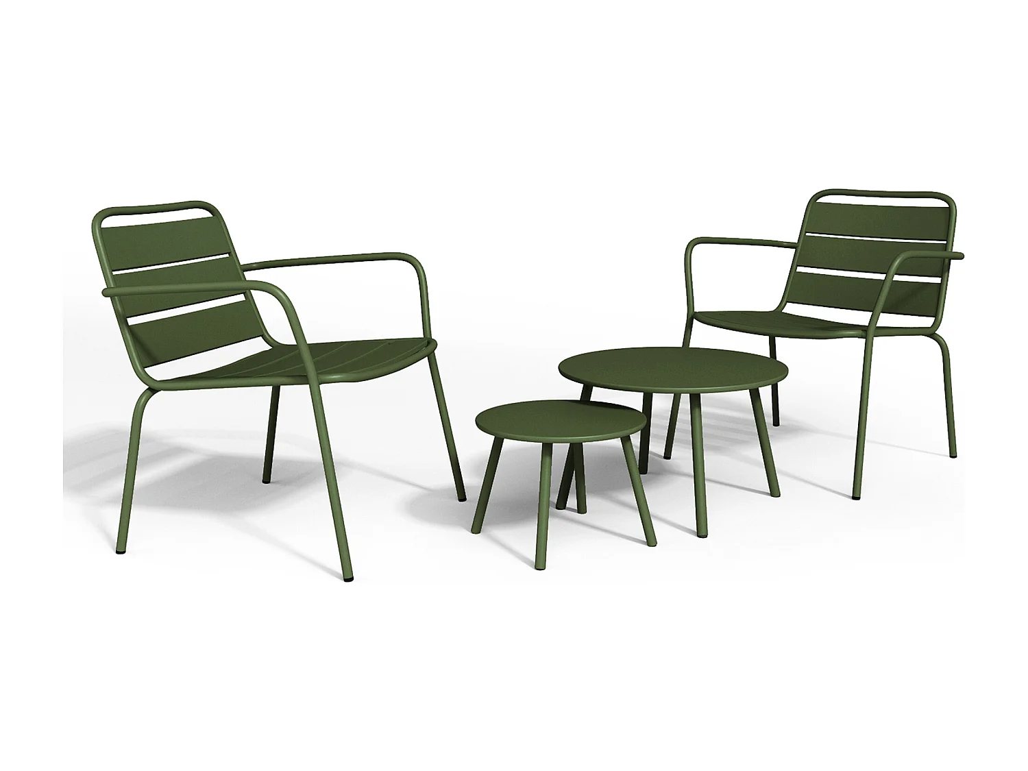 Salon de jardin en métal - 2 fauteuils bas empilables et tables gigognes - Kaki - MIRMANDE de MYLIA