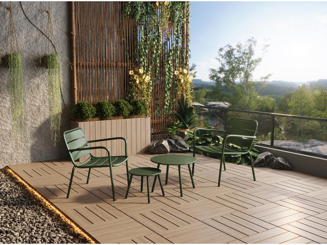 Tuinzithoek van metaal - 2 lage opstapelbare fauteuils en uitschuiftafels - Kaki - MIRMANDE