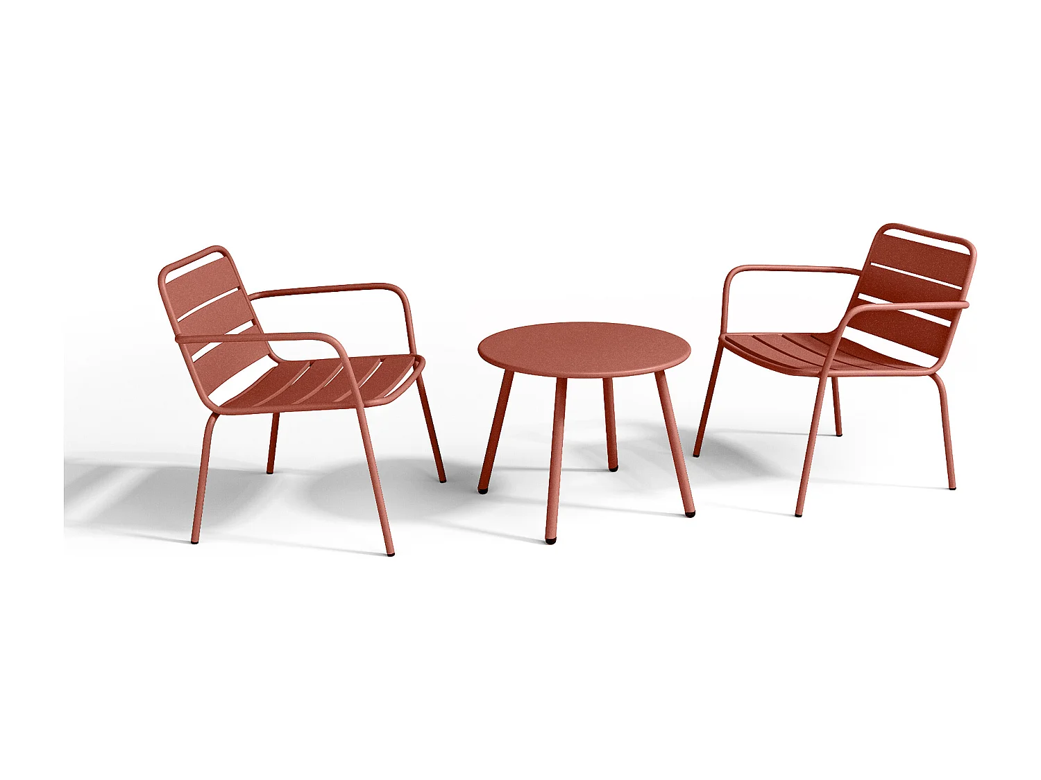 Metalen tuinmeubelset - 2 lage stapelstoelen en een bijzettafel - Terracotta - MIRMANDE