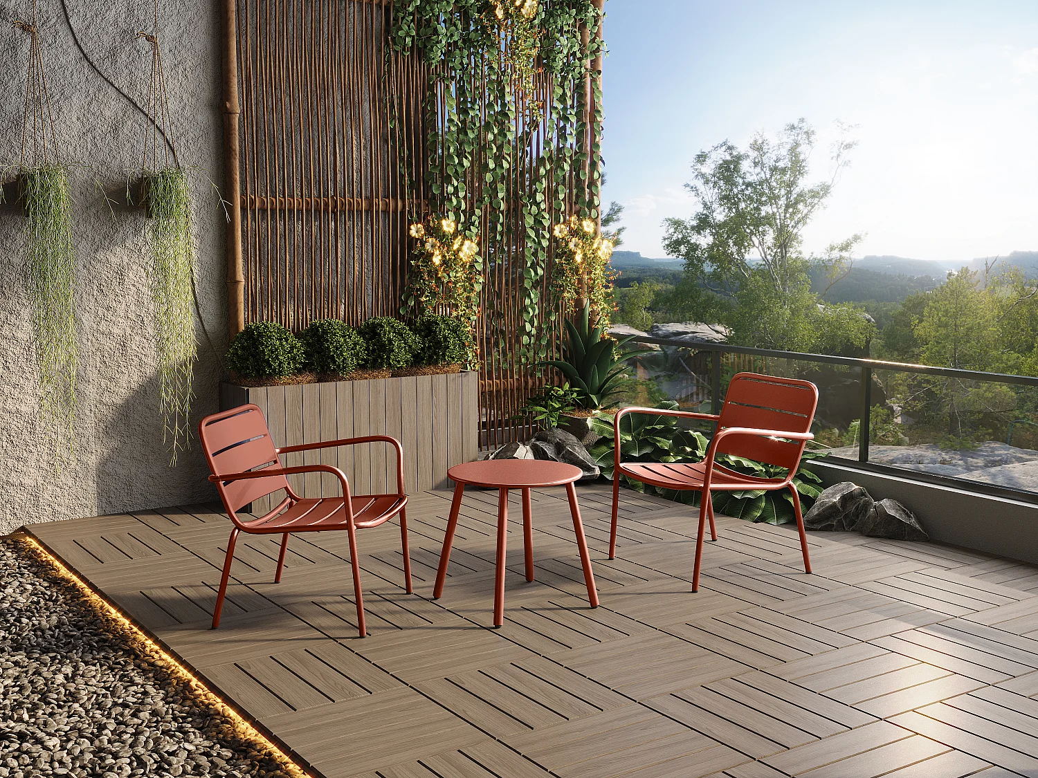 Salon de jardin en métal - 2 fauteuils bas empilables et une table d'appoint ronde - Terracotta - MIRMANDE de MYLIA