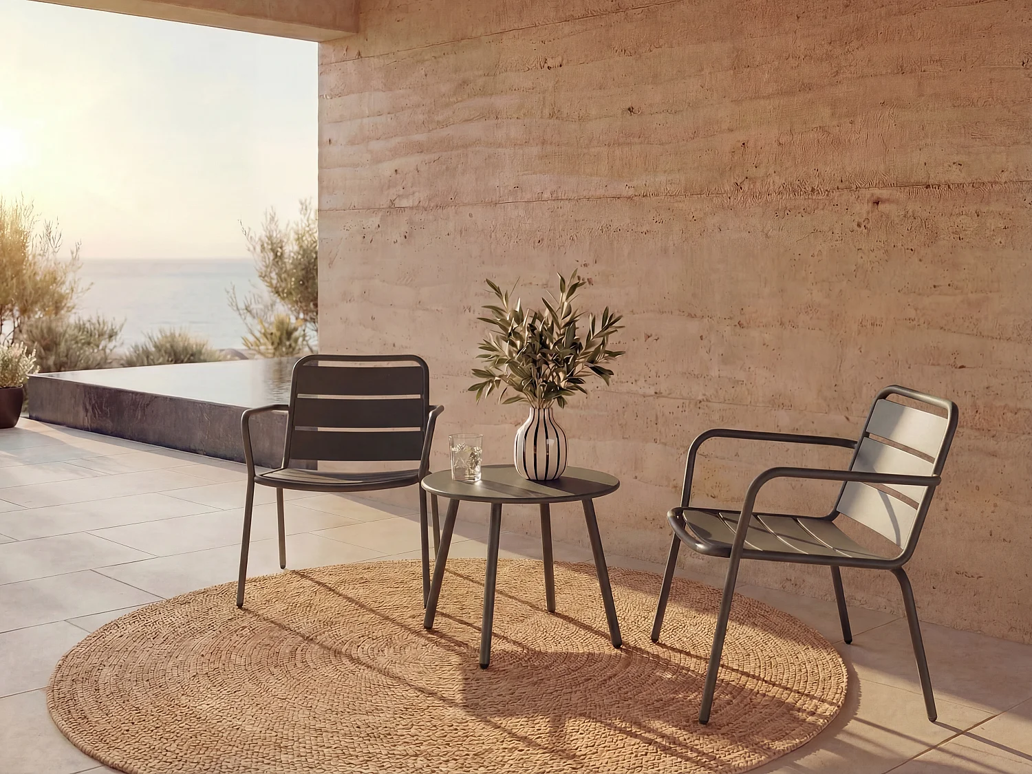 Salon de jardin en métal - 2 fauteuils bas empilables et une table d'appoint ronde - Gris anthracite - MIRMANDE de MYLIA