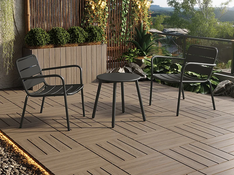 Salotto da giardino in Metallo Antracite MIRMANDE: 2 poltrone basse impilabili e un tavolo supplementare