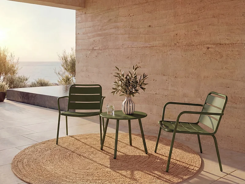 Garten-Sitzgruppe: Beistelltisch + 2 stapelbare Sessel - Metall - Khaki - MIRMANDE von MYLIA