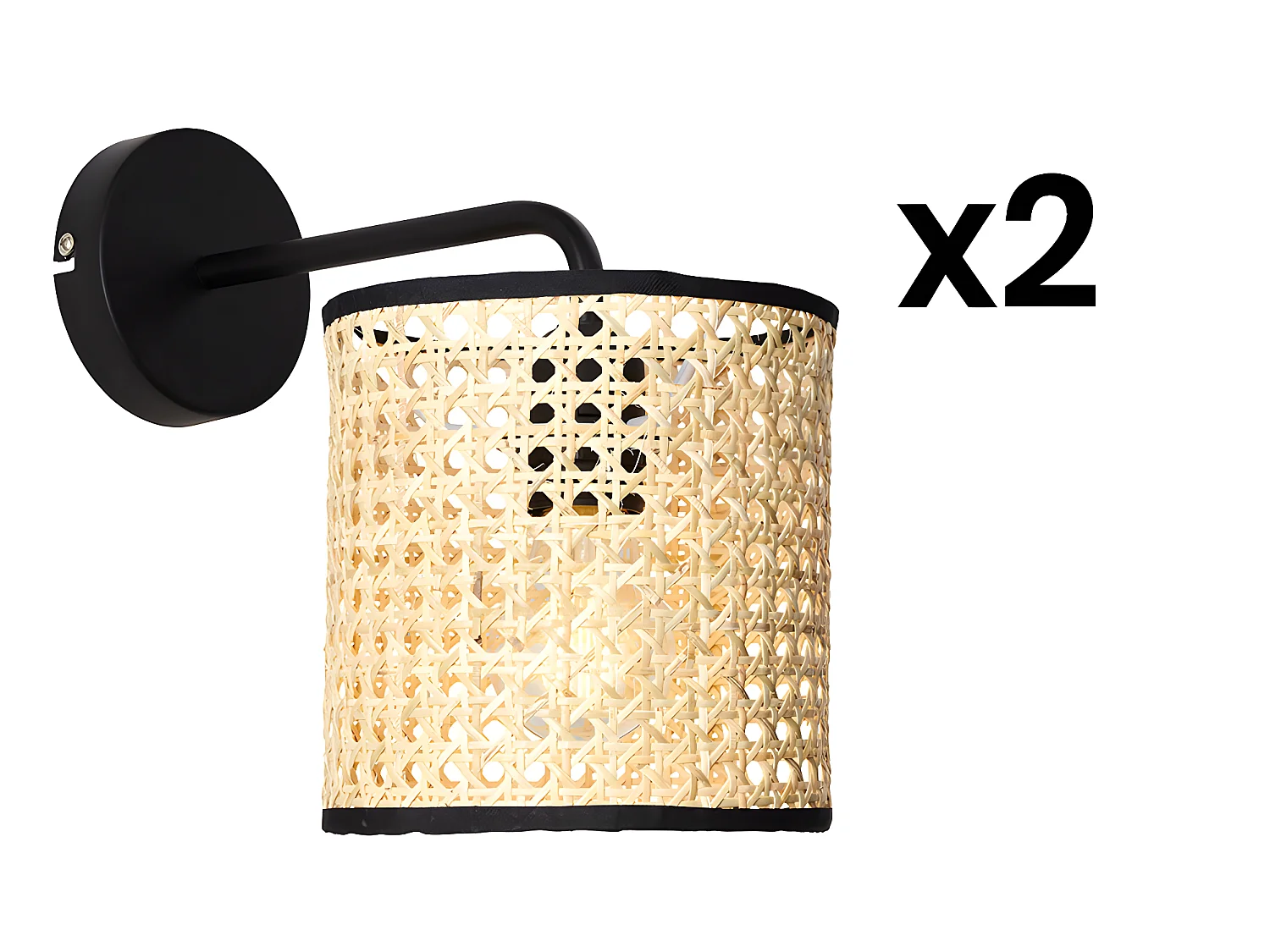 Lot de 2 appliques cannage style ethnique - Fer et rotin - H. 25 cm - Noir et Naturel - NEIROBI