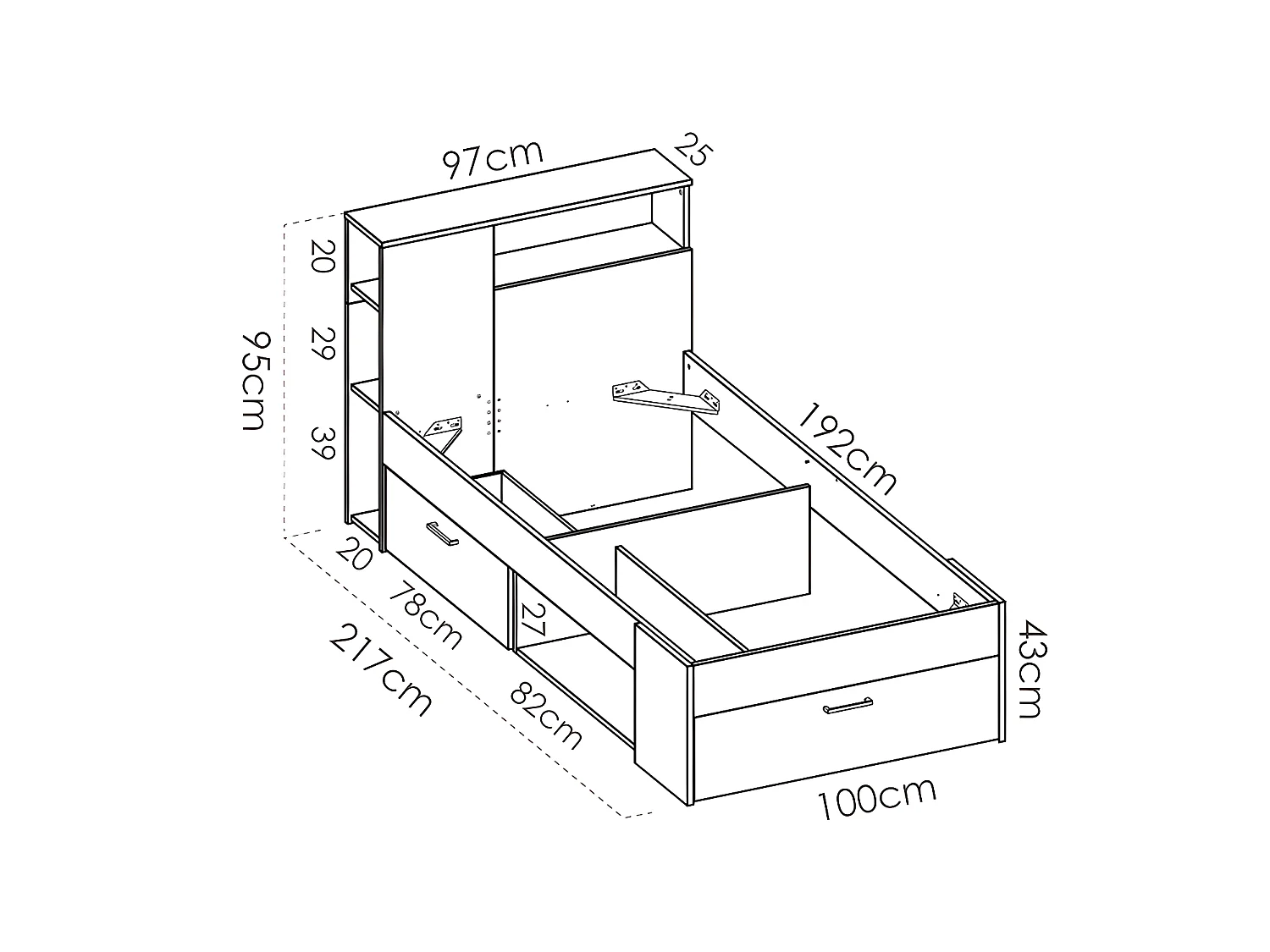 Letto + Materasso + Rete con testata, vani portaoggetti e cassetto 90 x 190 cm Bianco e Naturale - LEANDRE