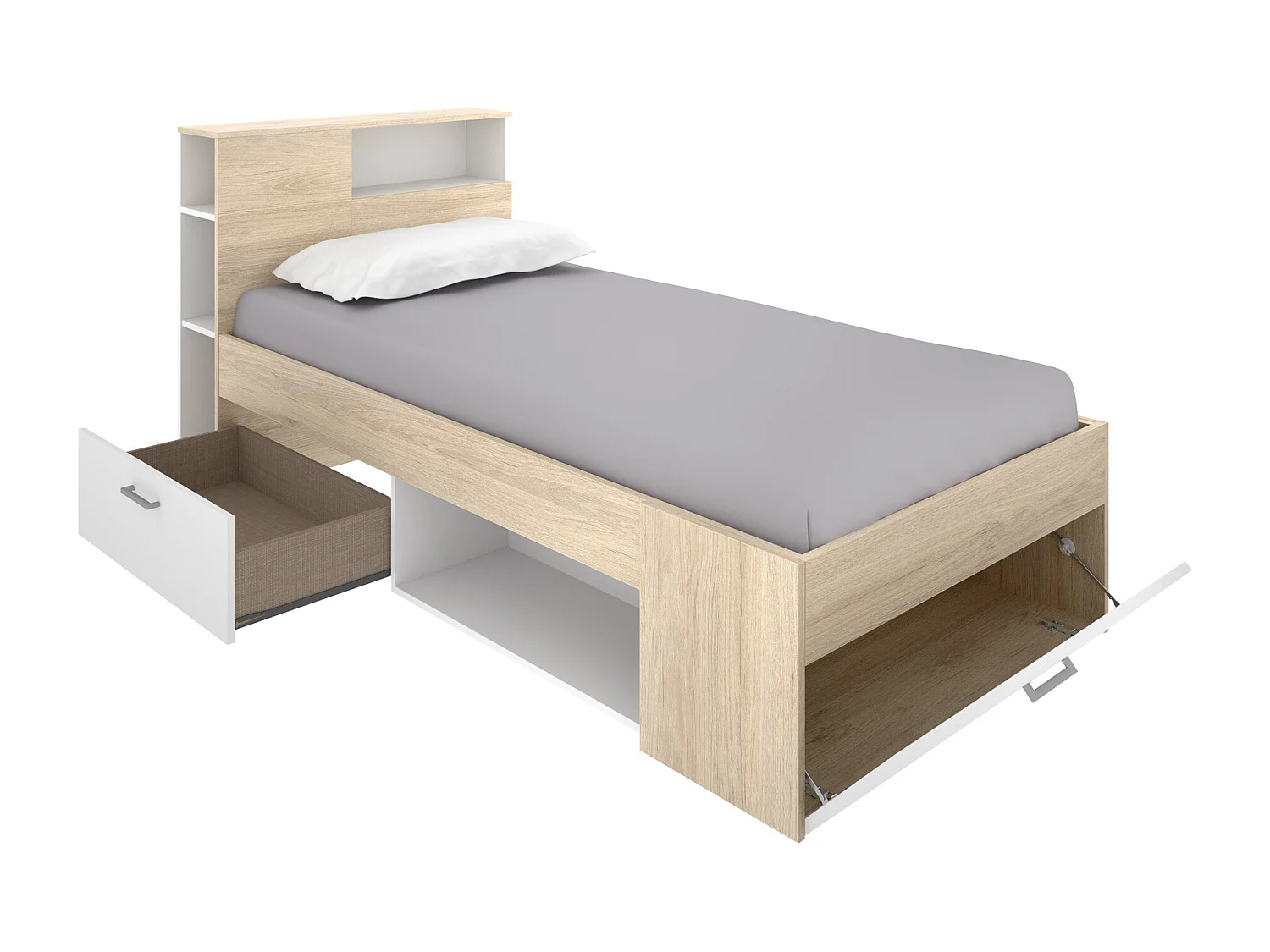 Letto + Materasso + Rete con testata, vani portaoggetti e cassetto 90 x 190 cm Bianco e Naturale - LEANDRE