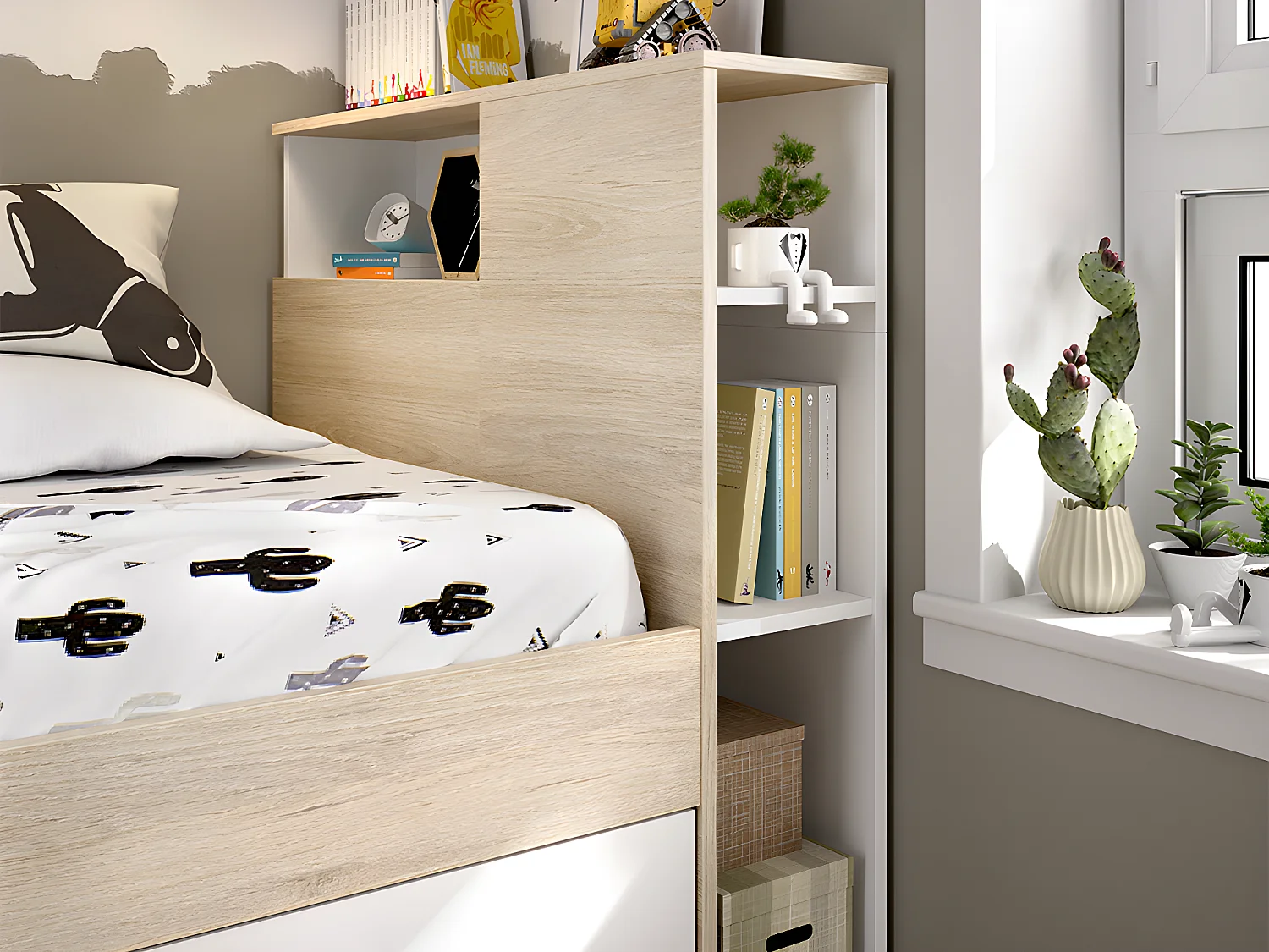 Lit avec tête de lit rangements et tiroir - 90 x 190 cm - Blanc et Naturel + matelas + sommier - LEANDRE