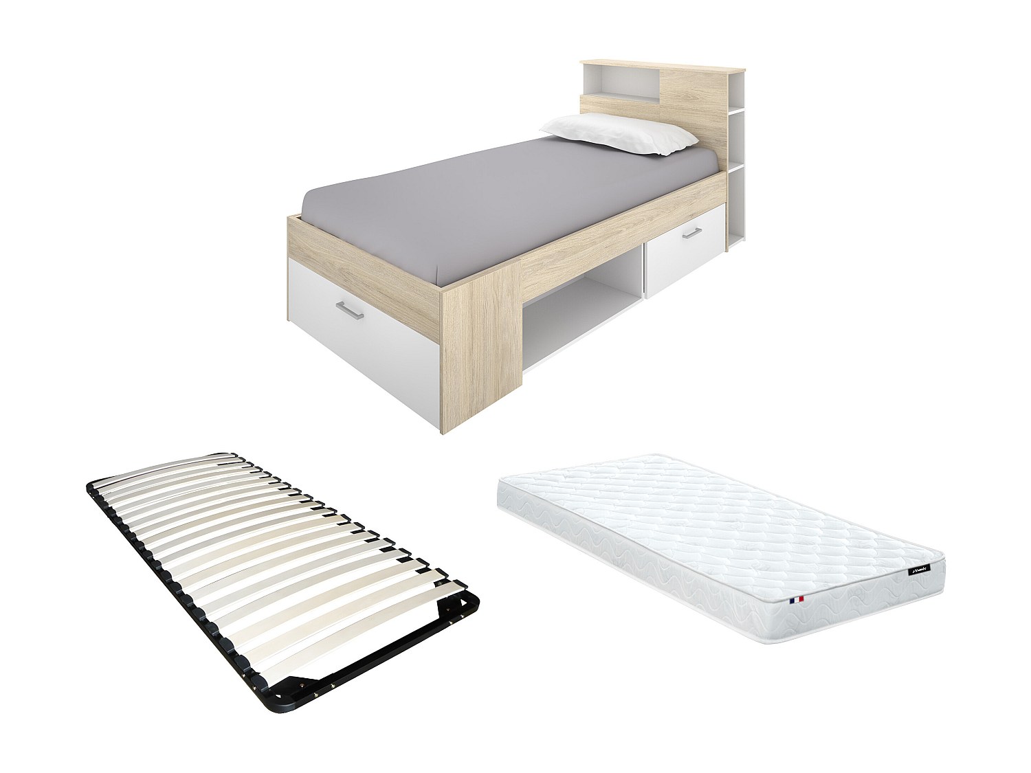 Bett mit Kopfteil, Stauraum & Schublade + Matratze + Lattenrost - 90 x 190 günstig online kaufen