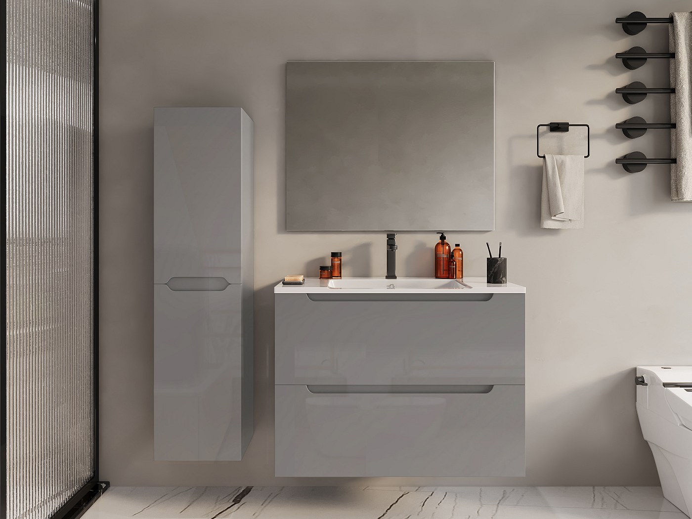 Colonne de salle de bain suspendue grise, L30 x l30 x 120 cm, STEFANIE