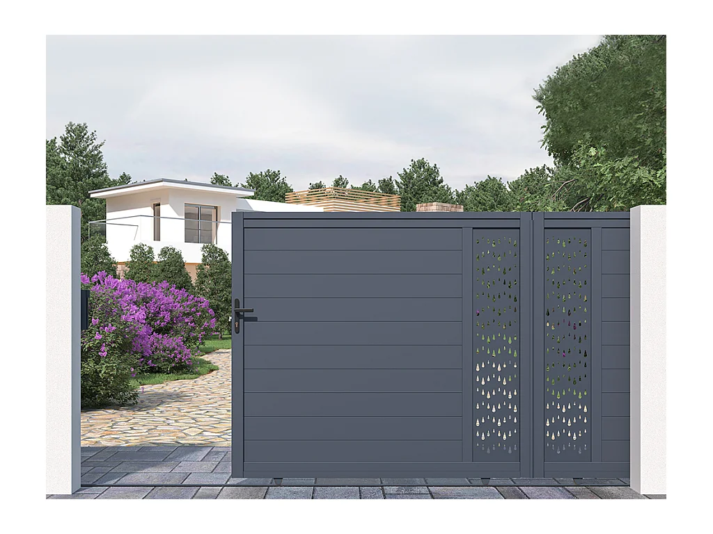 Przesuwna, elektryczna, pół-perforowana brama aluminiowa z wzorem Dł.416 x Wys.180 cm antracytowa GREGOR