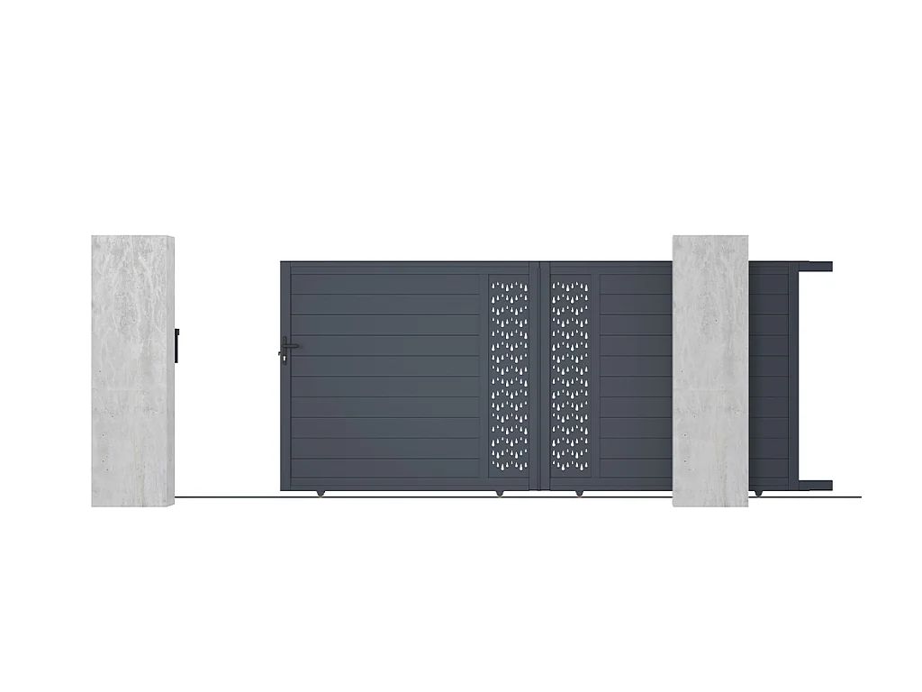 Przesuwna, elektryczna, pół-perforowana brama aluminiowa z wzorem Dł.416 x Wys.180 cm antracytowa GREGOR