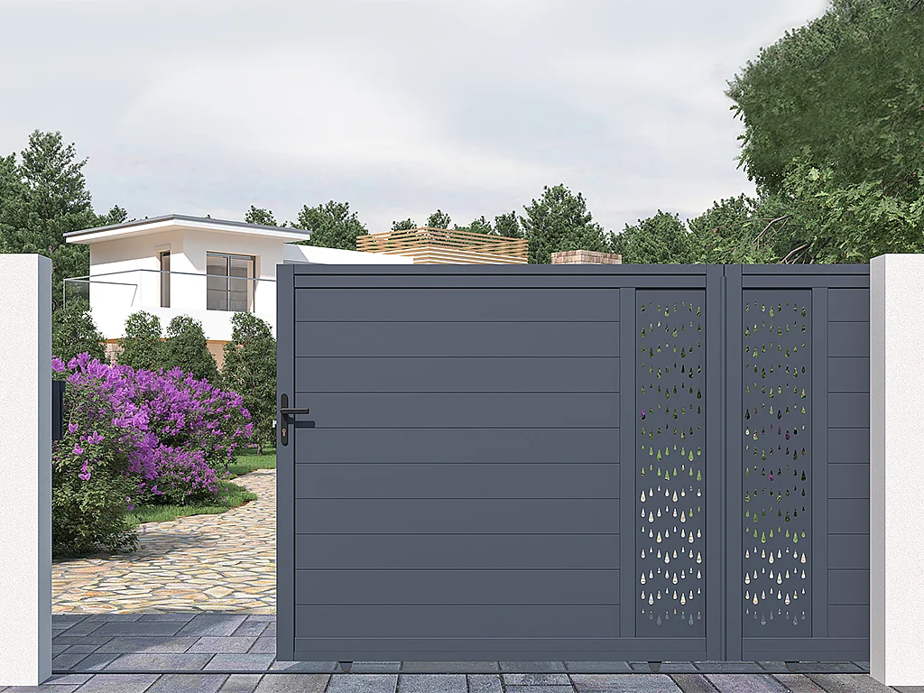 Portail électrique coulissant aluminium semi plein à motifs L416 x H180 cm anthracite GREGOR