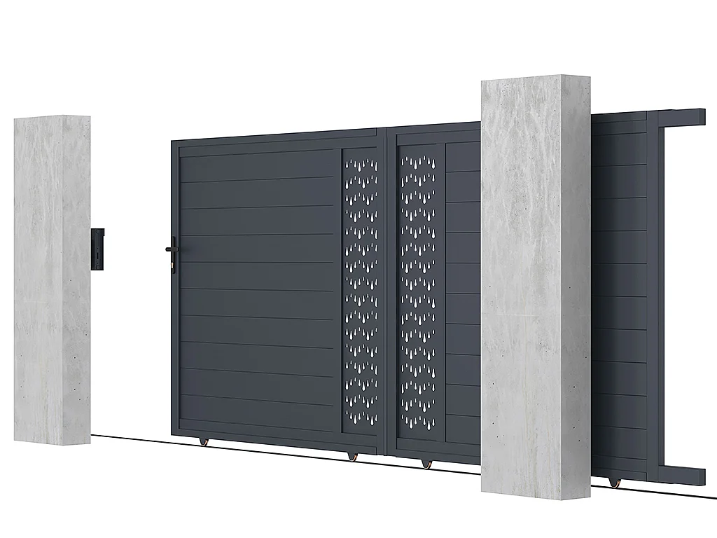 Portail électrique coulissant aluminium semi plein à motifs L416 x H180 cm anthracite GREGOR