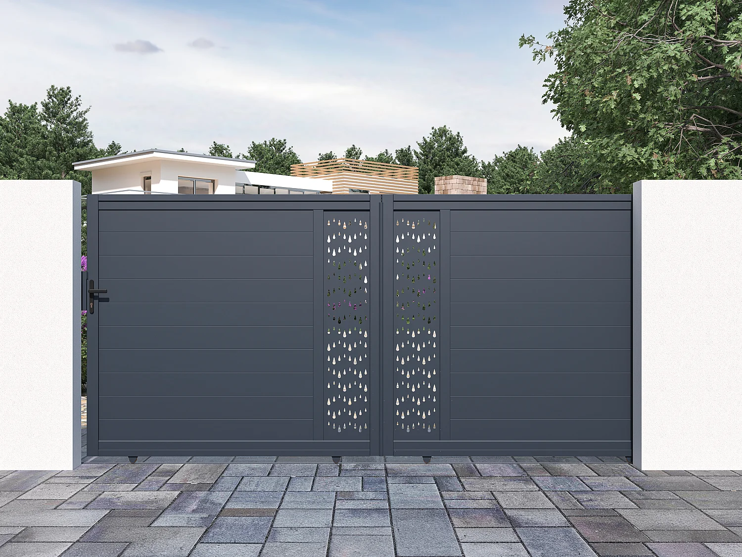 Gartentor Schiebetor mit Torantrieb - 416 x 180 cm - Aluminium - Halbvoll mit Muster - Anthrazit - GREGOR