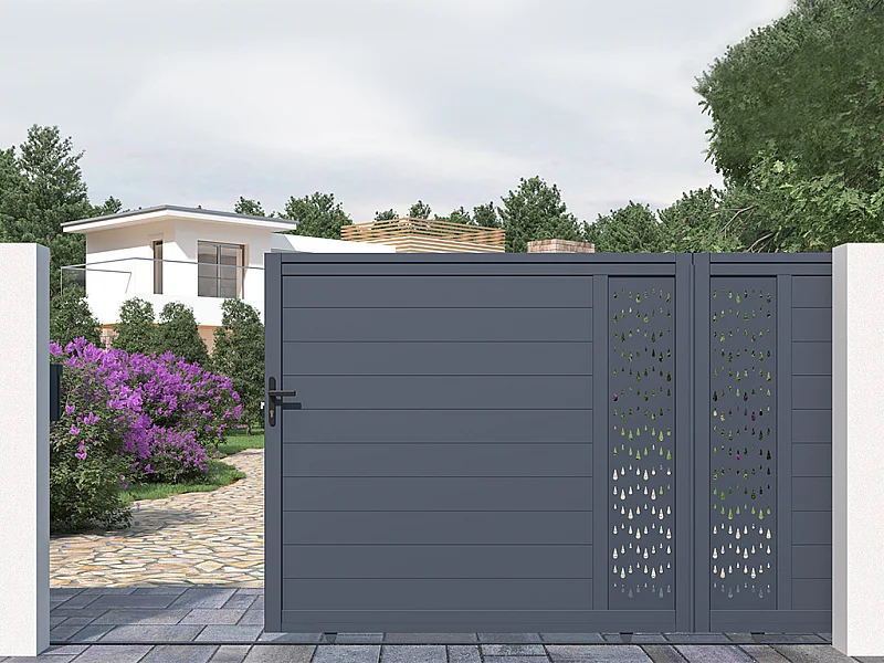 Portail électrique coulissant aluminium semi plein à motifs L416 x H180 cm anthracite GREGOR