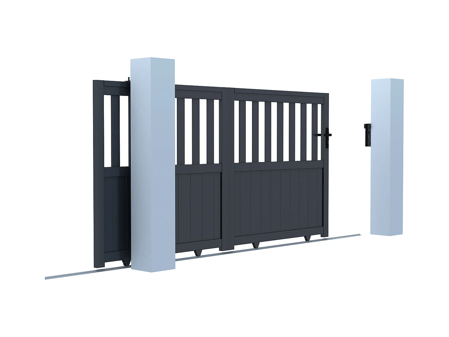 Opengewerkte elektrische aluminium schuifpoort L343 x H140 cm antraciet TARNOS II