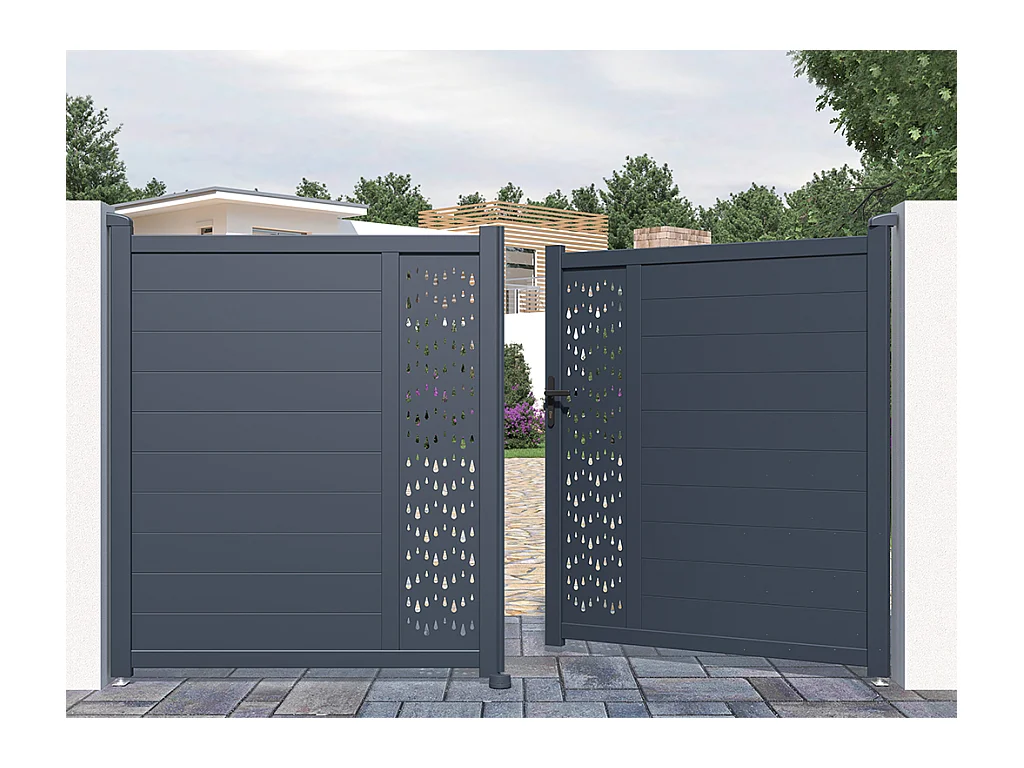 Portail électrique battant aluminium semi plein à motifs L305 x H181 cm anthracite GREGOR