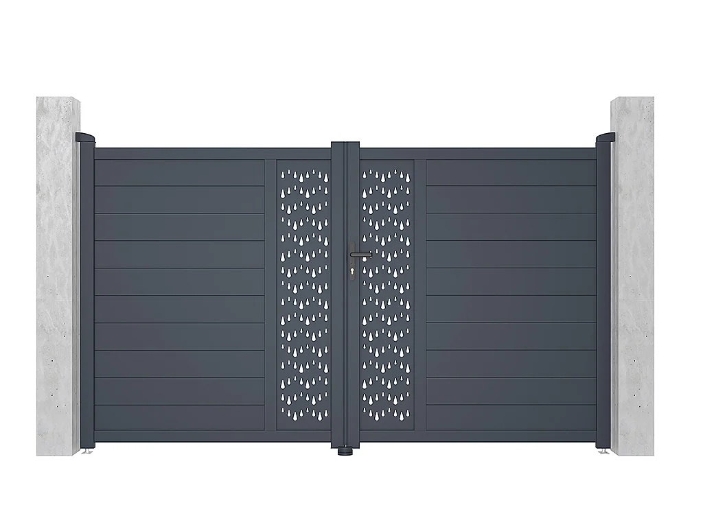 Skrzydłowa, elektryczna, pół-perforowana aluminiowa brama z wzorem Dł.305 x Wys.181 cm antracytowa GREGOR