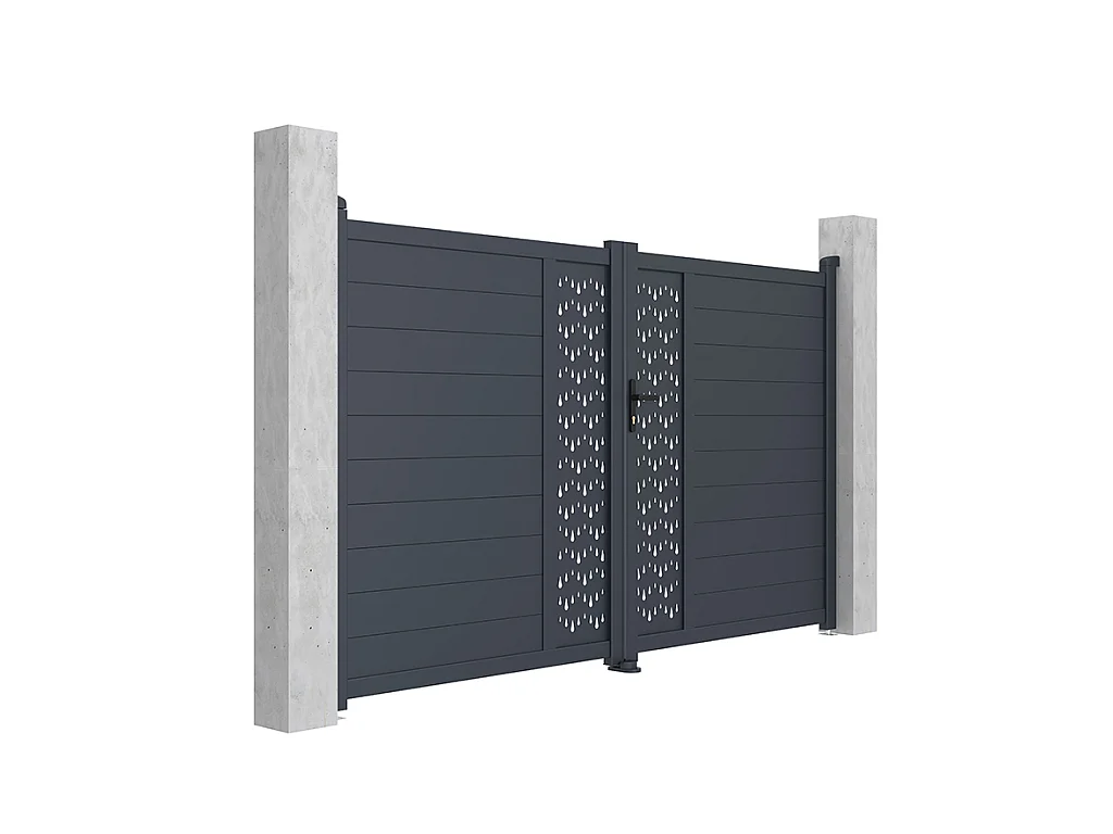 Skrzydłowa, elektryczna, pół-perforowana aluminiowa brama z wzorem Dł.305 x Wys.181 cm antracytowa GREGOR