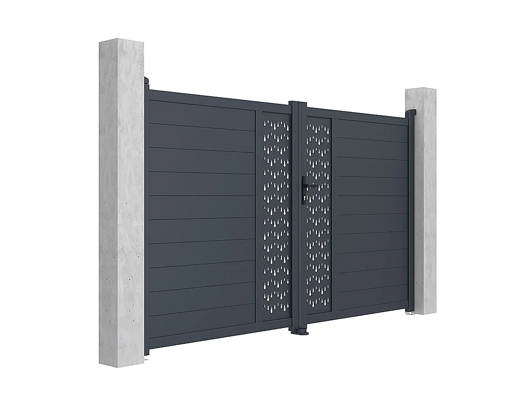 Elektrische draaipoort van aluminium met motieven - Halfopengewerkt - L.305 x H.181 cm - Antraciet - GREGOR
