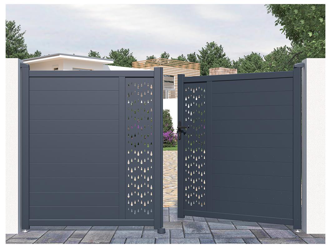 Cancello elettrico battente L305 x H181 cm in Alluminio semi traforato con motivi Antracite - GREGOR