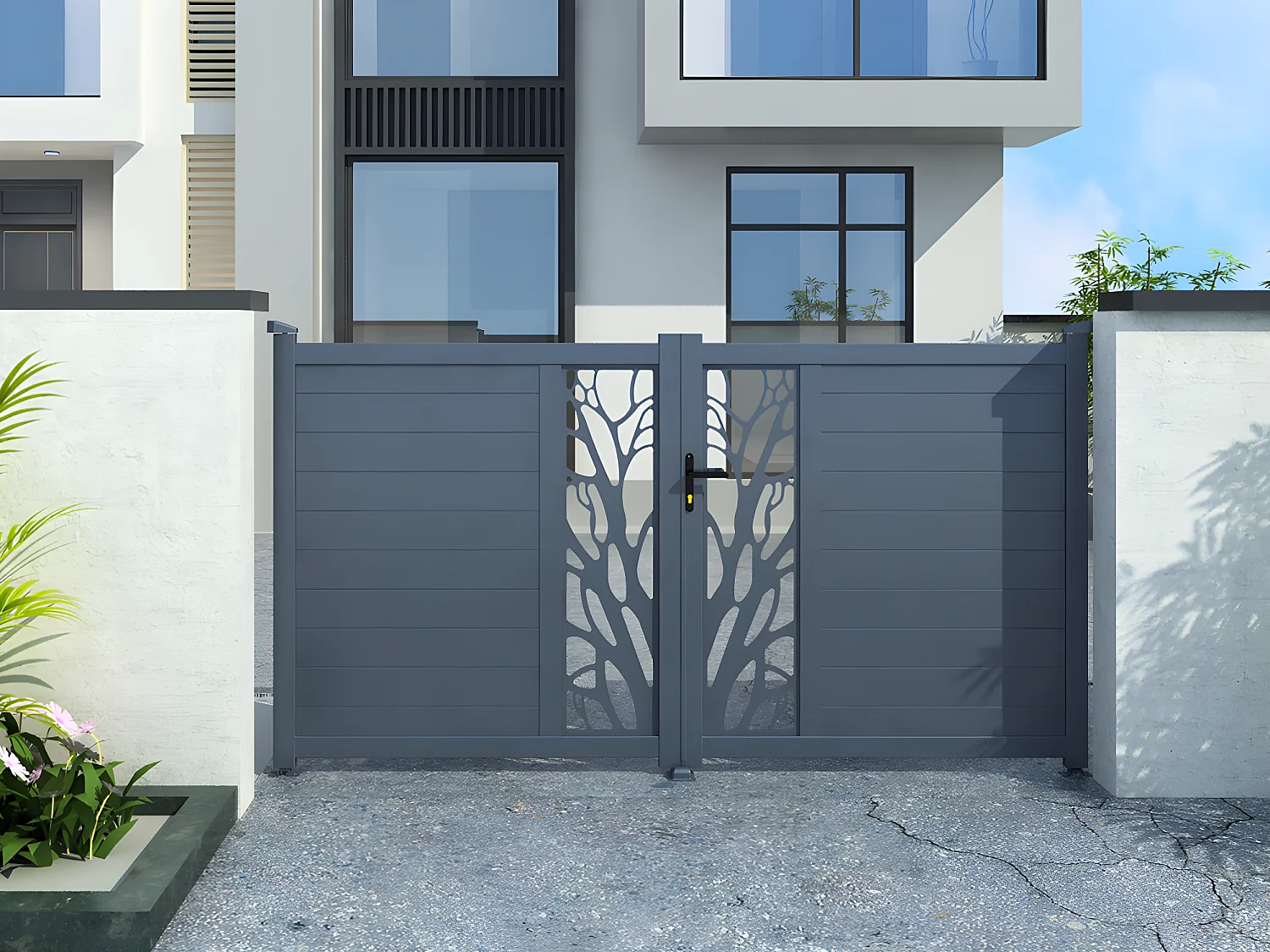 Portail électrique battant aluminium semi ajouré à motifs L307 x H172 cm anthracite LABRIT II