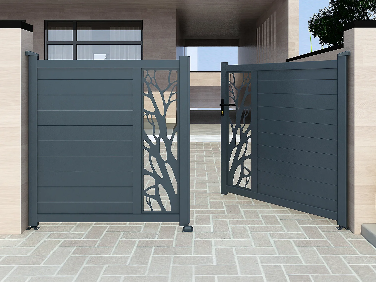 Portail électrique battant aluminium semi ajouré à motifs L307 x H172 cm anthracite LABRIT II