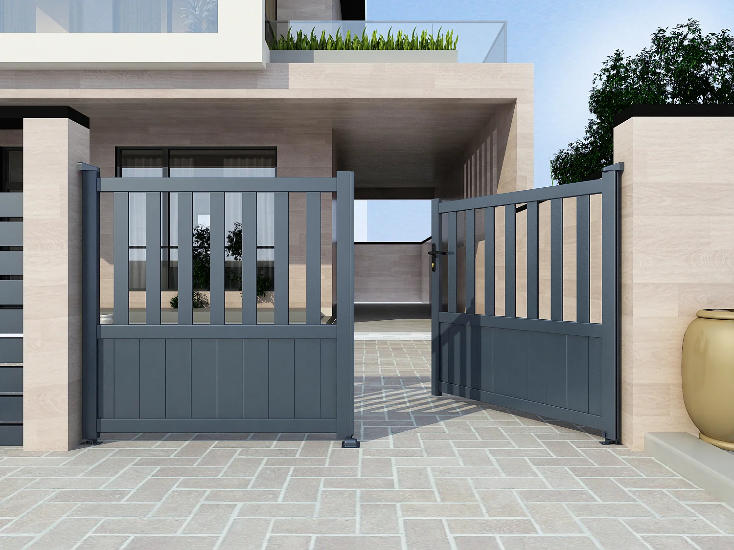 Opengewerkte elektrische draaipoort van aluminium L314 x H140 cm antraciet TARNOS II