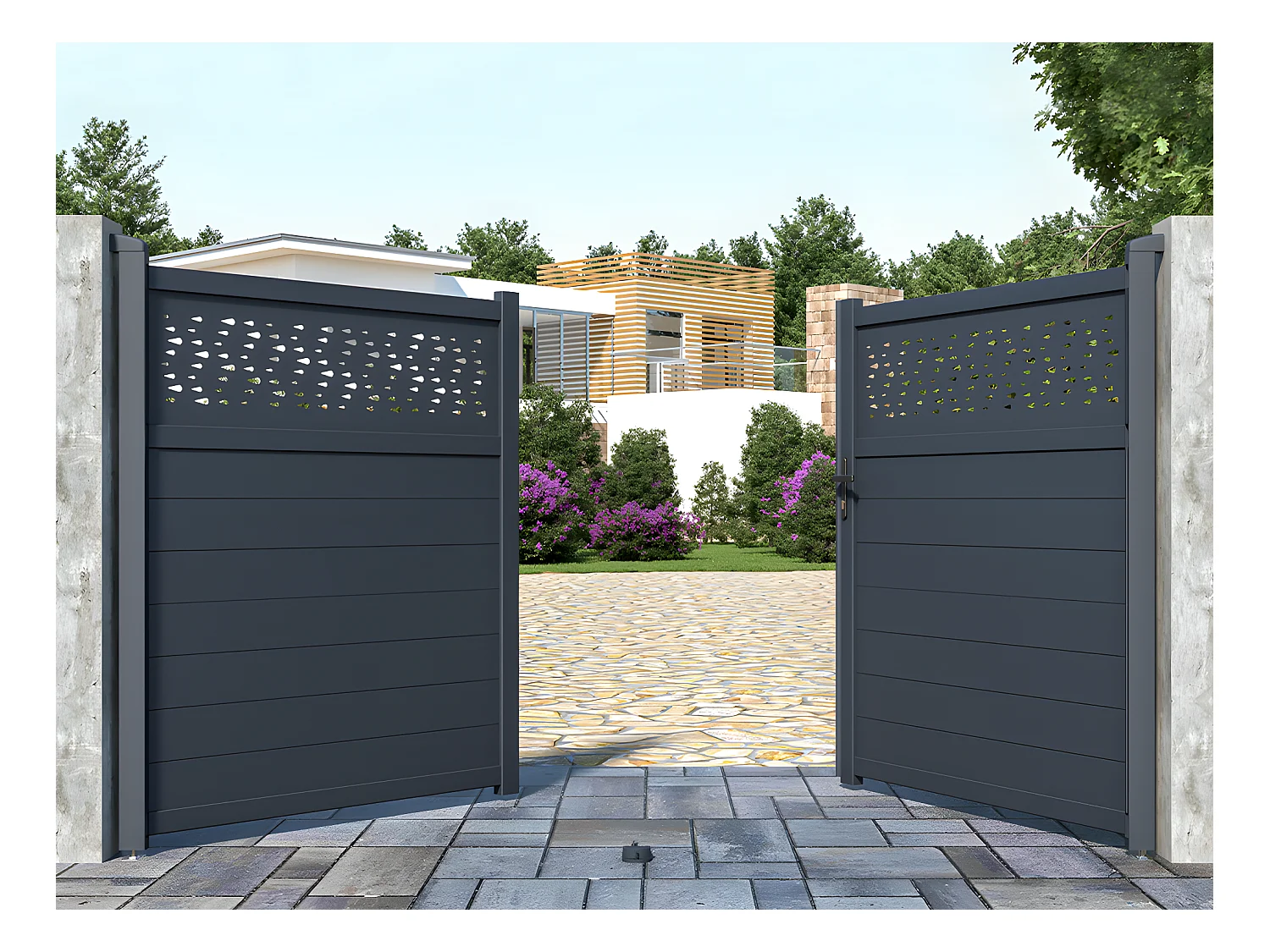 Portail électrique battant aluminium semi plein à motifs L305 x H181 cm anthracite - BAZIO