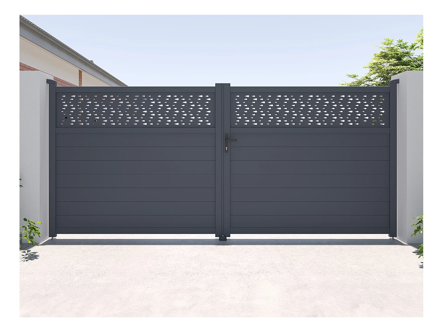 Portón batiente eléctrico de aluminio Ancho 305 x Alt. 181 cm antracita - BAZIO