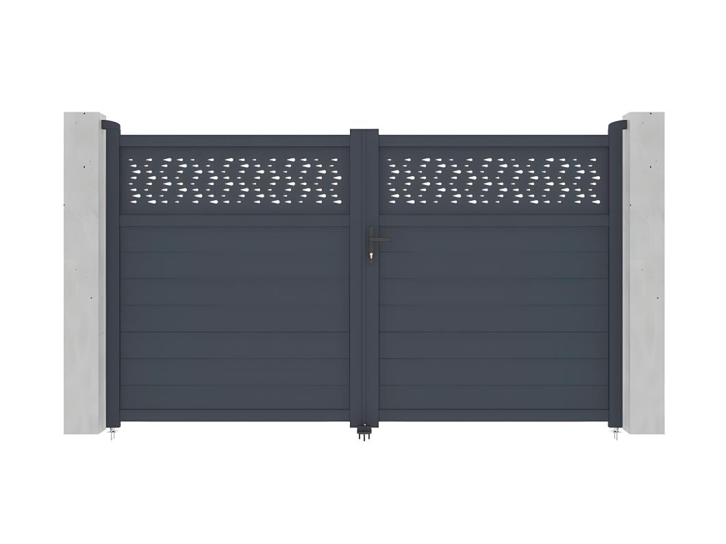 Cancello elettrico battente L305 x H181 cm in Alluminio semi traforato con motivi Antracite - BAZIO