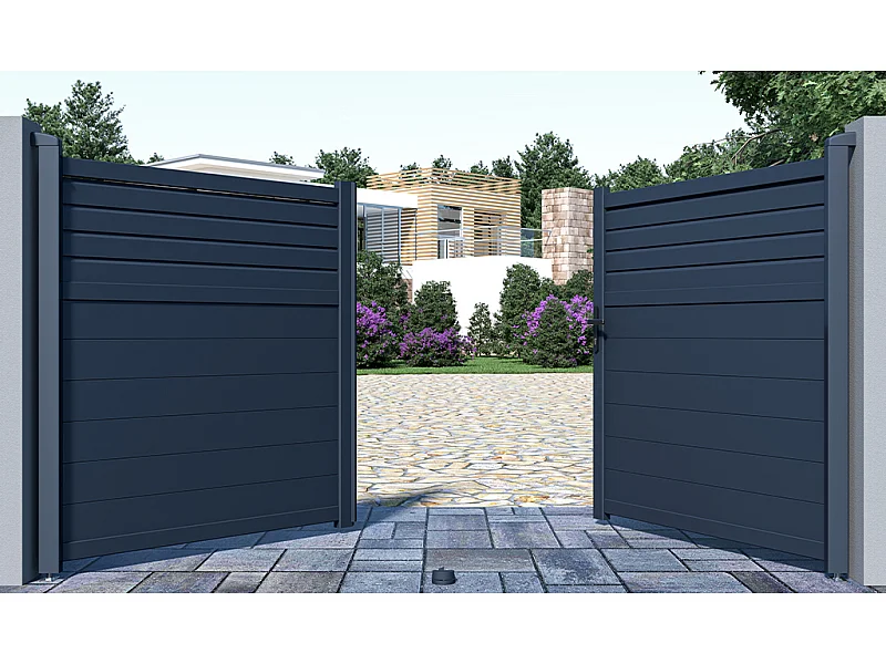 Portón batiente eléctrico de aluminio persiana Ancho 305 x Alt. 166 cm antracita VIAZO