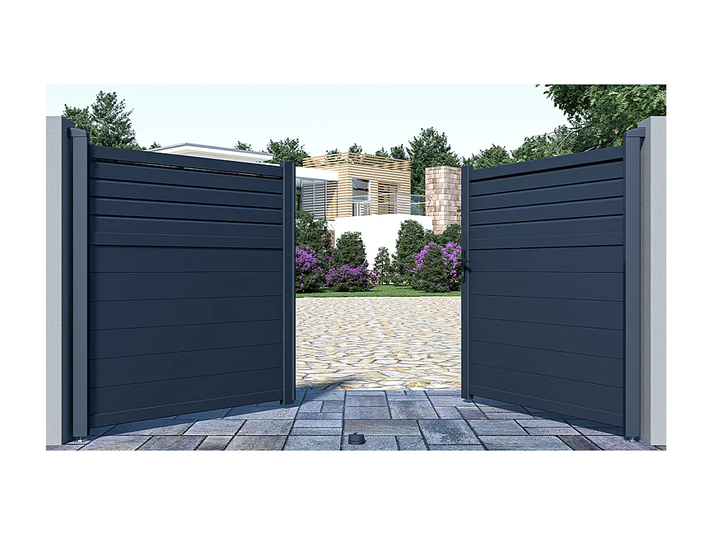 Cancello elettrico battente a persiana L305 x H166 cm in Alluminio Antracite - VIAZO
