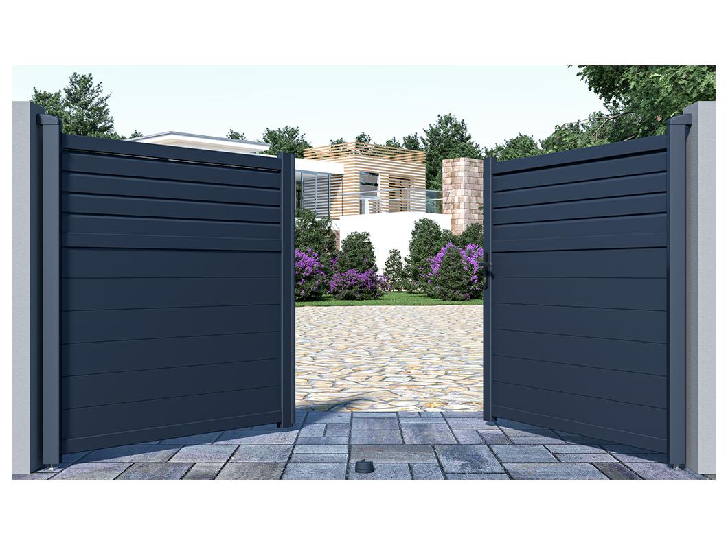 Portón batiente eléctrico de aluminio persiana Ancho 305 x Alt. 166 cm antracita VIAZO