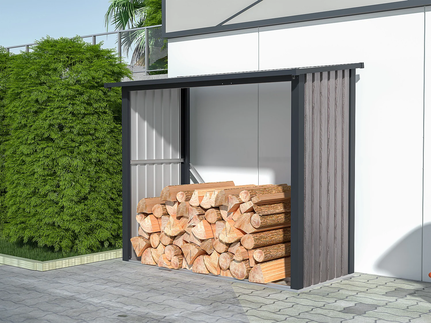 Abri bûches métal en acier galvanisé effet bois 1,98 m3 - 2 stères - L182 x P89 x H156cm - BIRWOOD