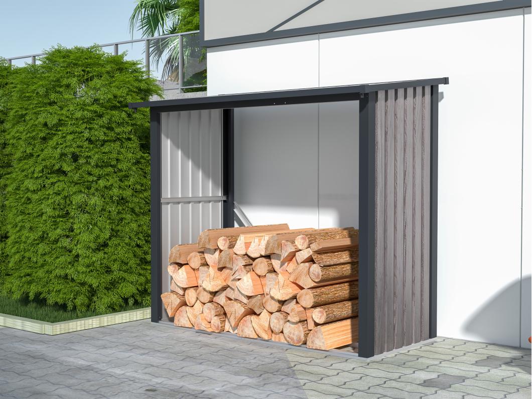 Abri bûches métal en acier galvanisé effet bois 1,98 m3 - 2 stères - L182 x P89 x H156cm - BIRWOOD