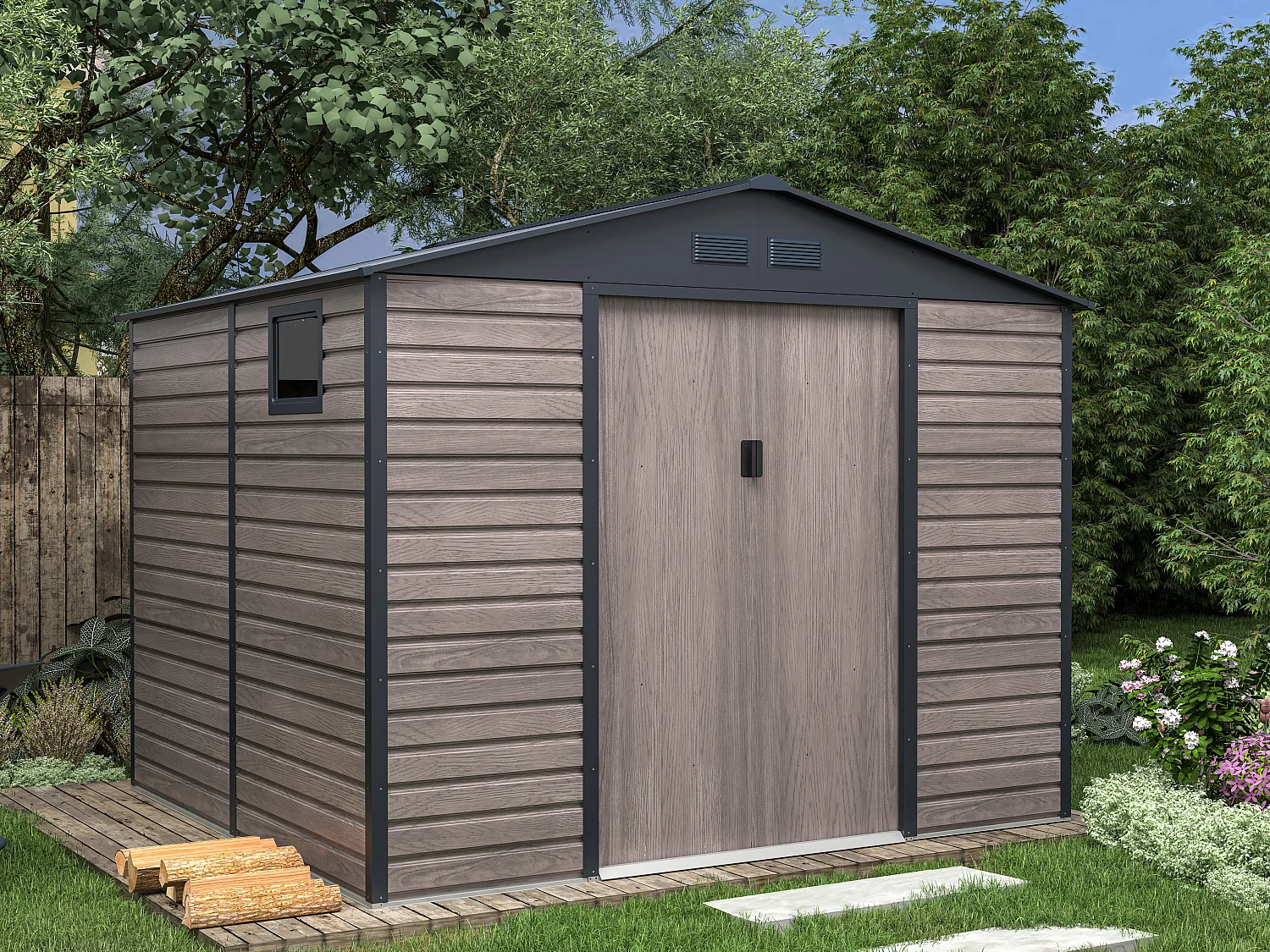 Abri de jardin métal en acier galvanisé effet bois gris 7,17 m² - ADELMO