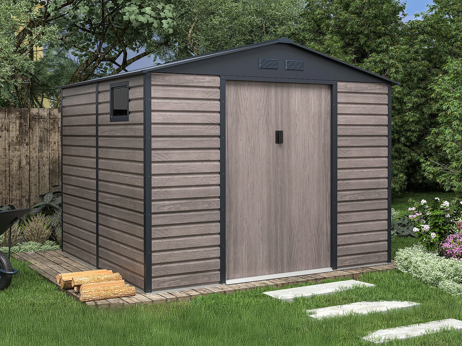 Trädgårdsbod i galvaniserat stål med grå träeffekt 7,17 m² ADELMO