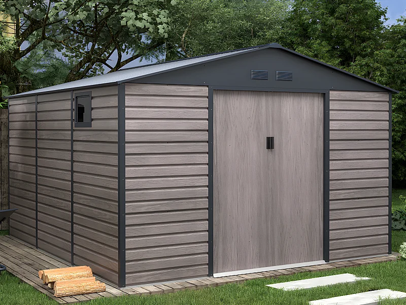 Abrigo de jardim metal aço galvanizado efeito madeira cinza 13,12 m² ADELMO
