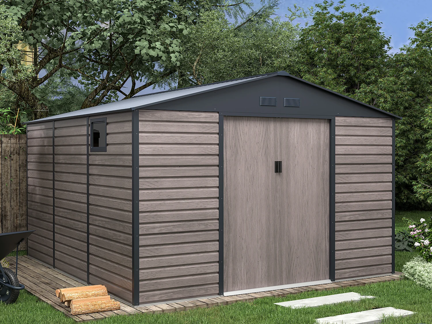 Abri de jardin métal en acier galvanisé effet bois gris 13,12 m² - ADELMO