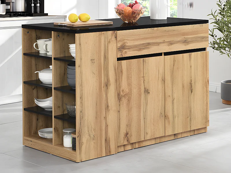 Ilot central de cuisine avec rangements - Noir et Naturel - MEILI