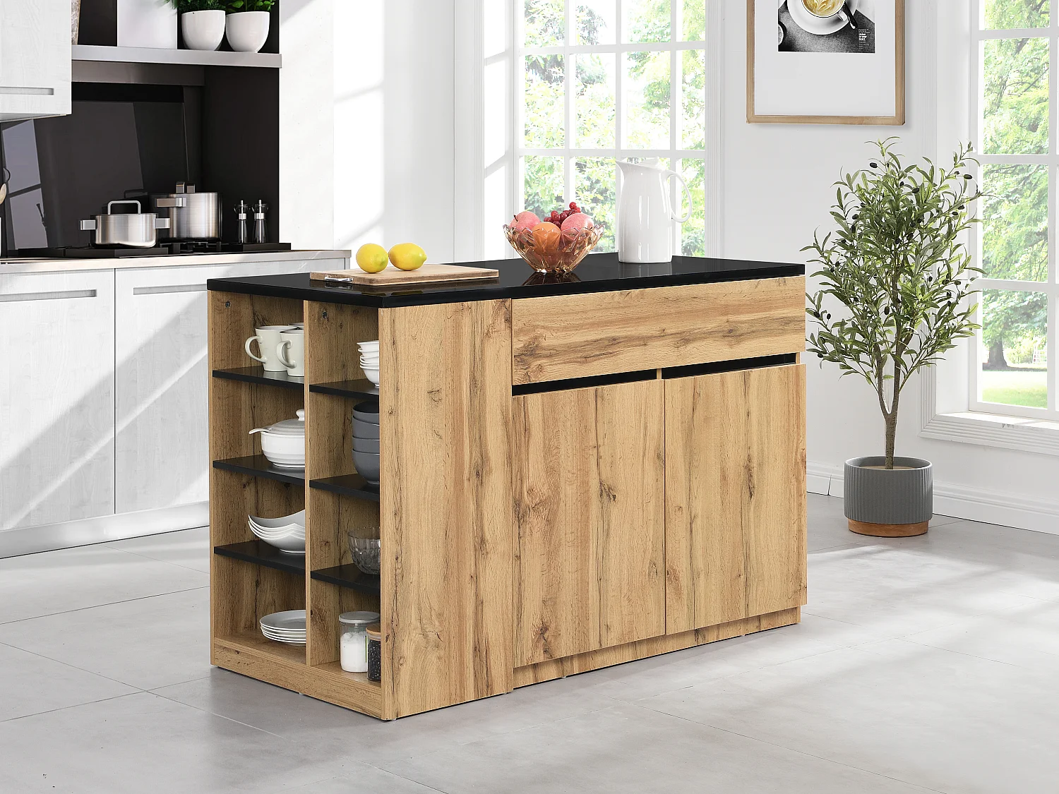 Ilot central de cuisine avec rangements - Noir et Naturel - MEILI