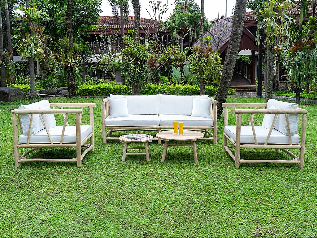 Loungeset: 3-zitsbank + 2 stoelen + 2 salontafels - Lichtkleurig teakhout & wit - TULUM
