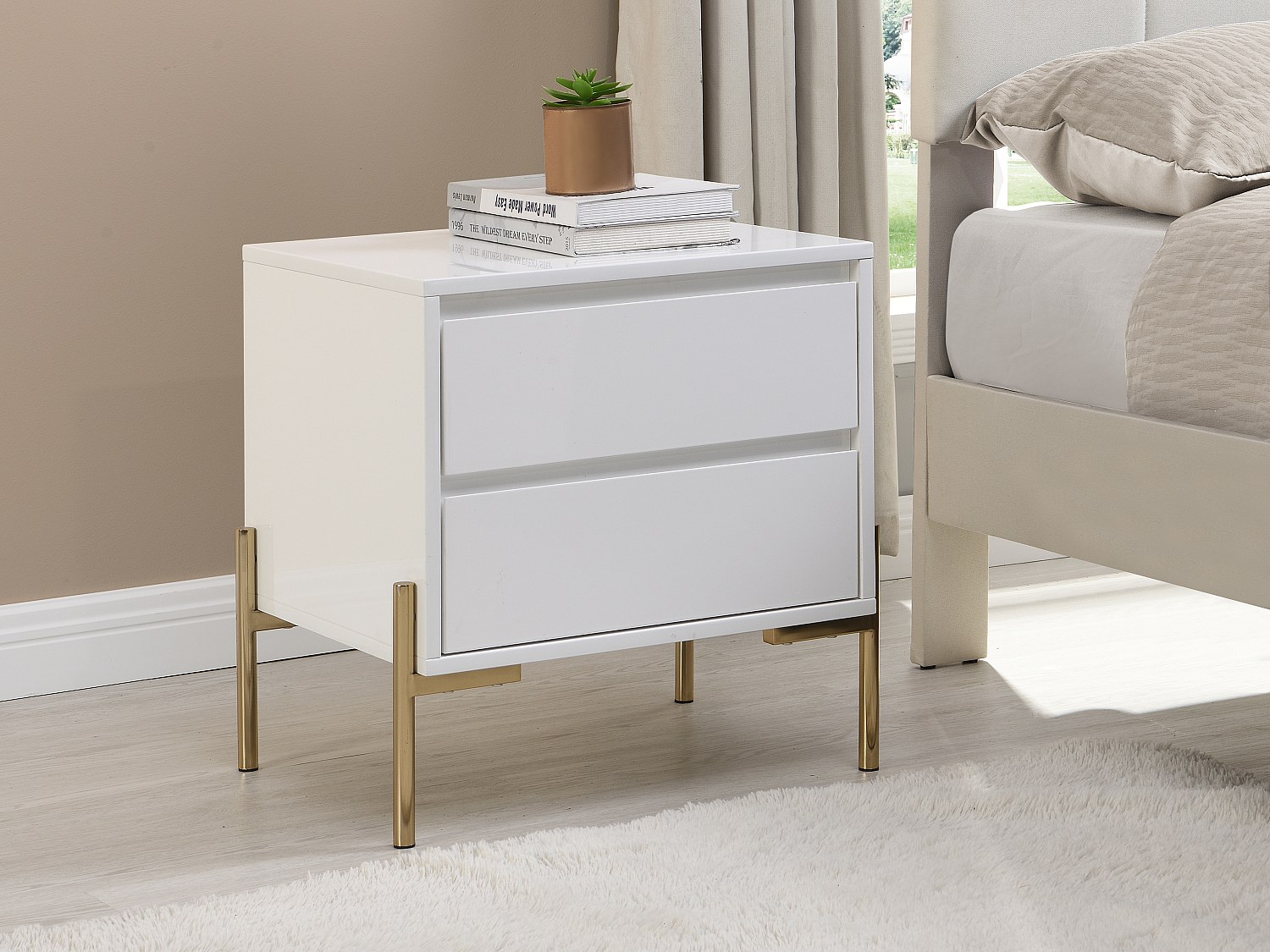 Nachttisch mit 2 Schubladen - MDF & Metall - Goldfarben & Weiß lackiert - K günstig online kaufen